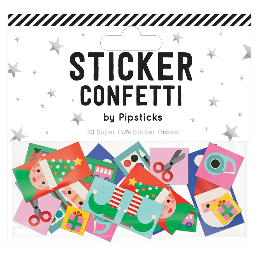 Sticker confetti of different holiday items like elves, santa, presents and more