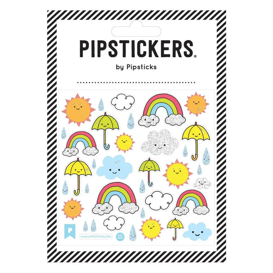 Kawaii style sun, rain, clouds, rainbows and umbrellas in sticker form