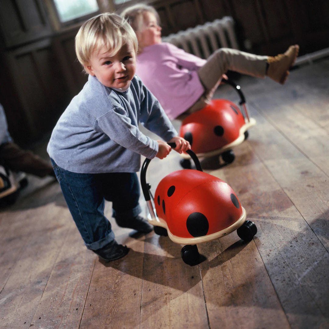 kids playing with wheely bug ladybugs