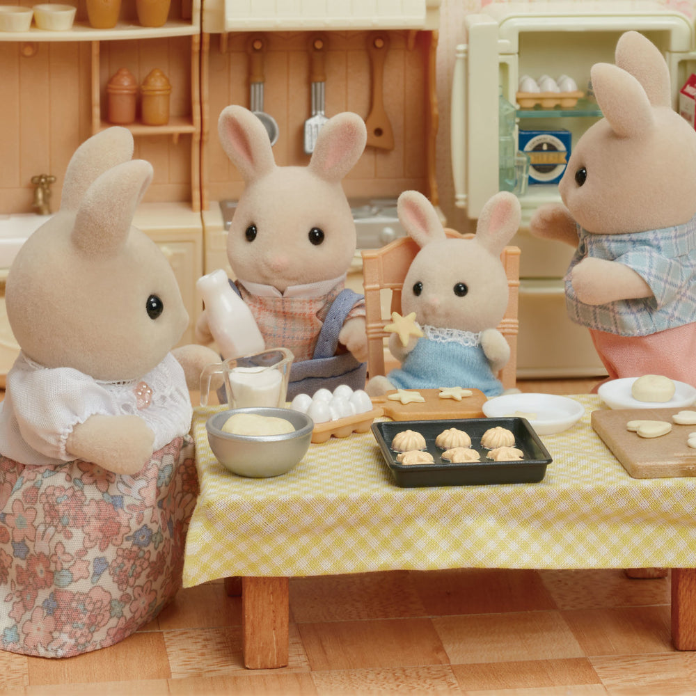 Calico Critter Milk Rabbit Family of Mother, Father, Son and Daughter baking in kitchen
