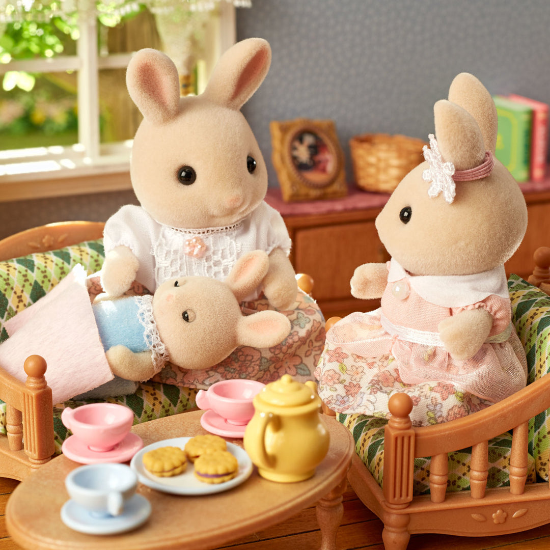 Mother & Daughter sitting in living room enjoying tea while the baby sleeps in the mother's lap