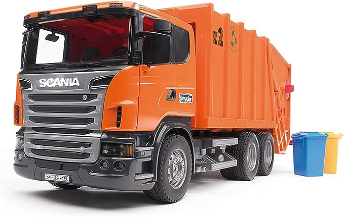 angled front view of garbage truck with two trash bins