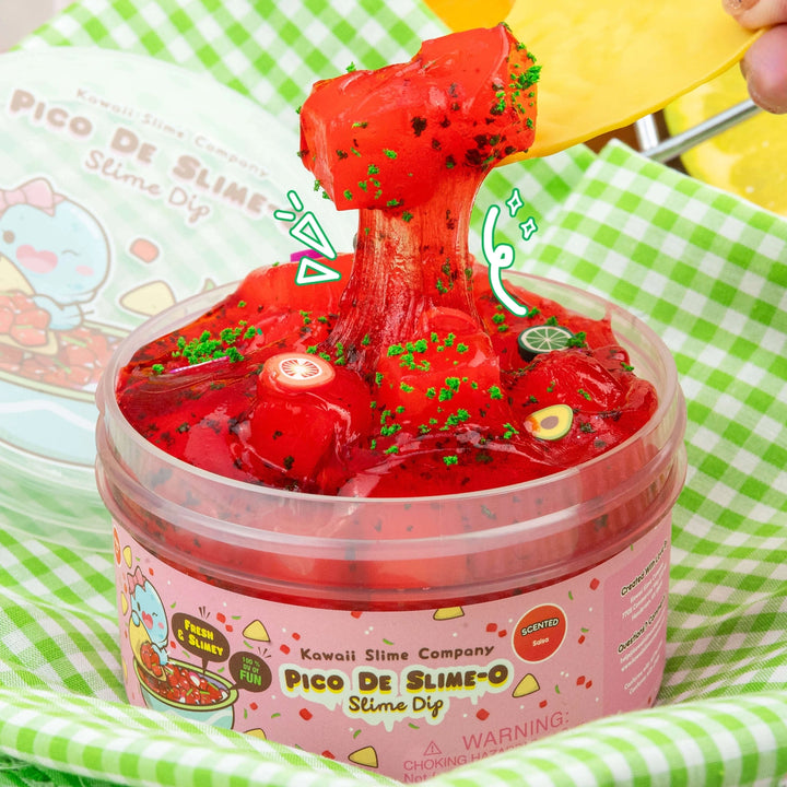 pico de slime-o in packaging without lid, with chip charm dipping into it