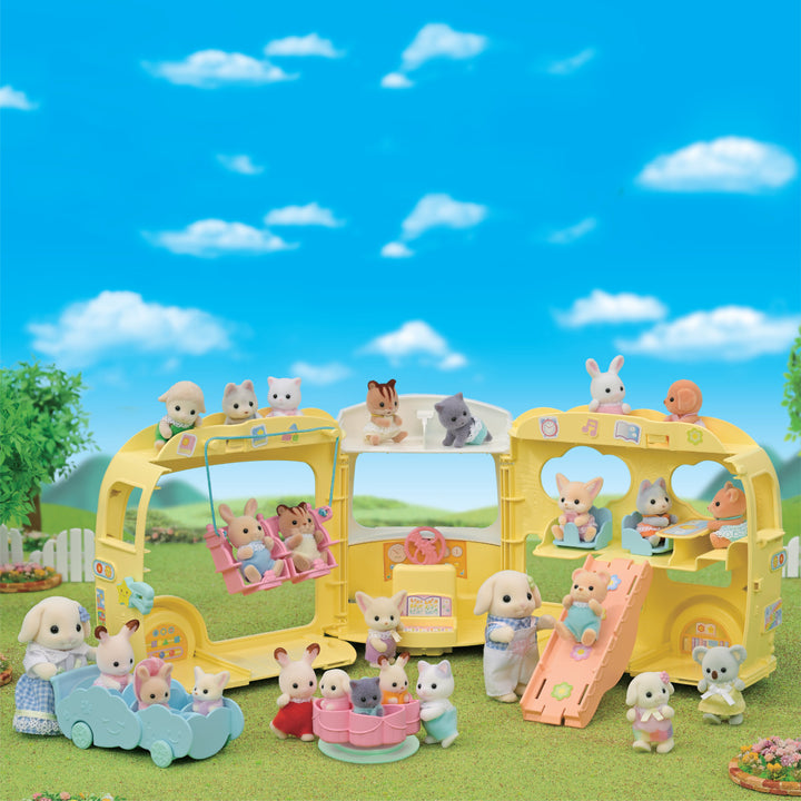 play scene of open nursery bus and characters