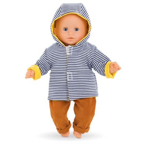 baby doll wearing striped side of raincoat