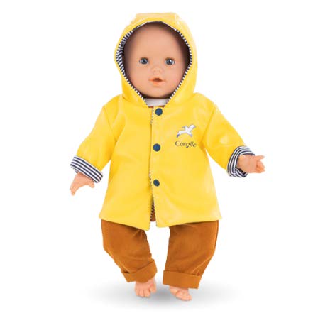 baby doll wearing yellow side of raincoat