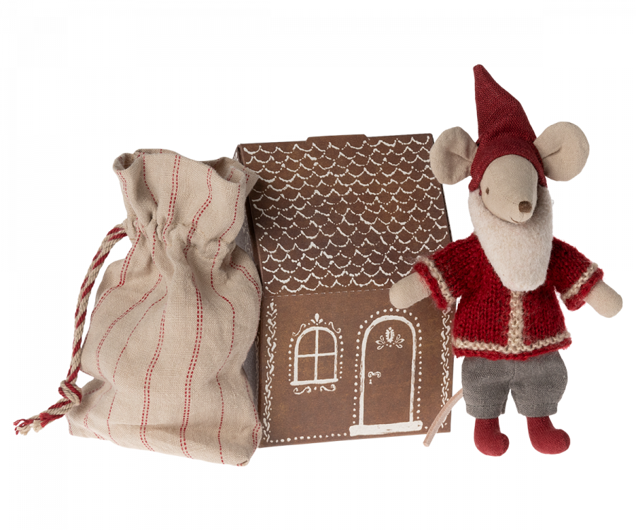 Big Brother Maileg Mouse dressed as Santa next to small cardboard gingerbread house
