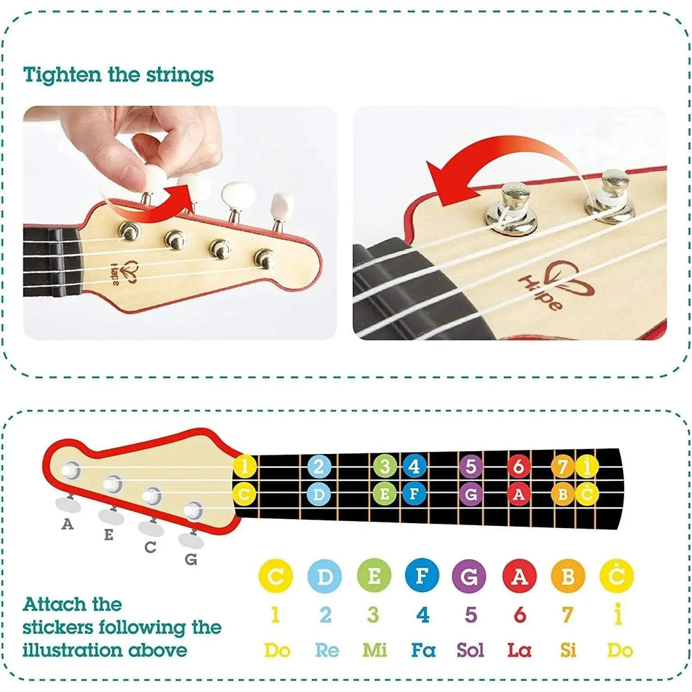 info sheet on how to tighten strings and where to place stickers