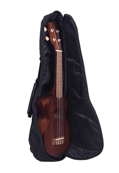 Ukulele gig bag zipper open with wooden ukulele inside