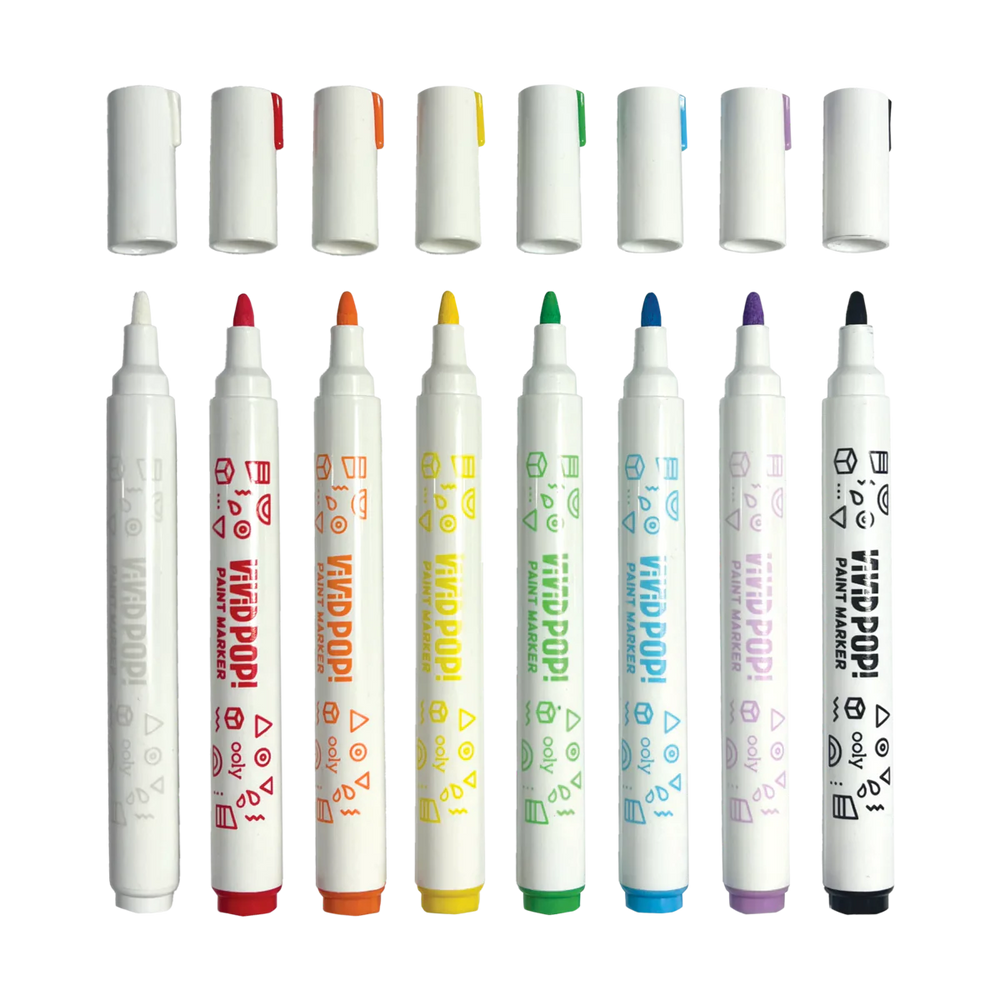 set of 8 vivid pop paint markers lined up with caps off