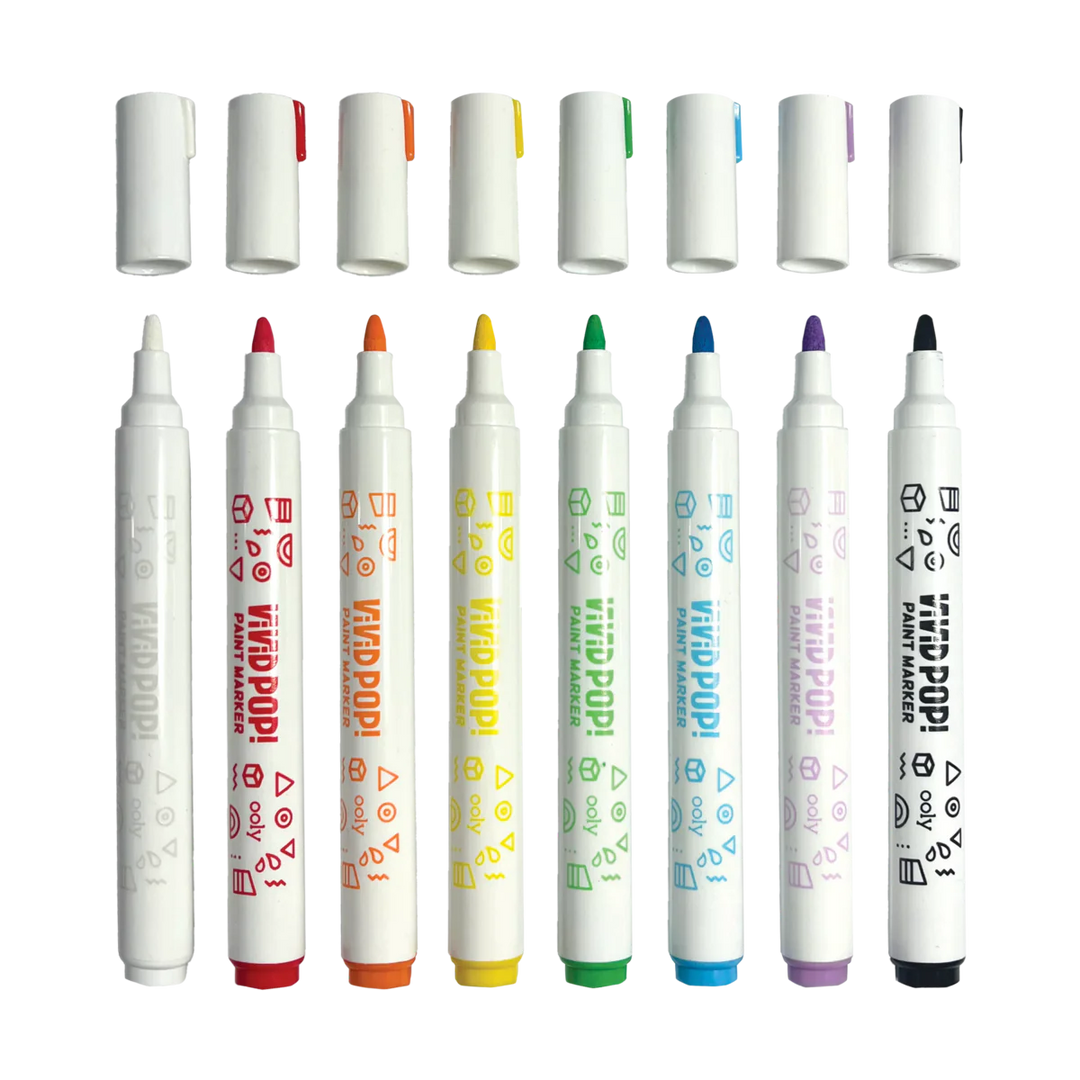 set of 8 vivid pop paint markers lined up with caps off