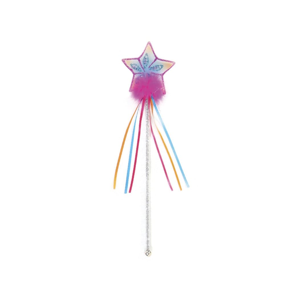 picture of want- silver handle with pink yellow and blue tassels, pink sparkly star with fuschia puff ball on the base