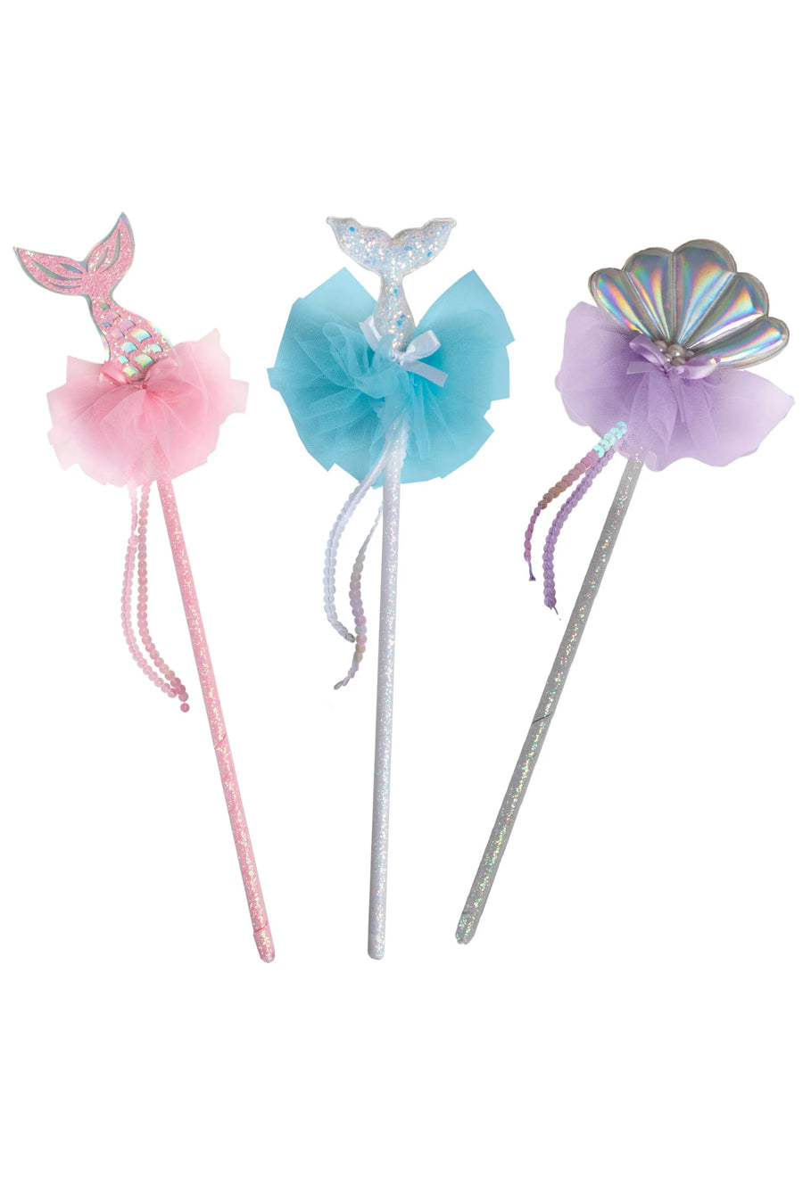  left to right; Pink mermaid tail wand, blue mermaid tail wand, and purple seashell wand pictured from the front