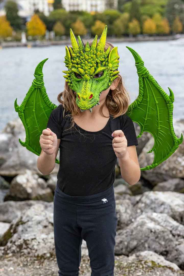 child wearing dragon mask and wearing matching green dragon wings