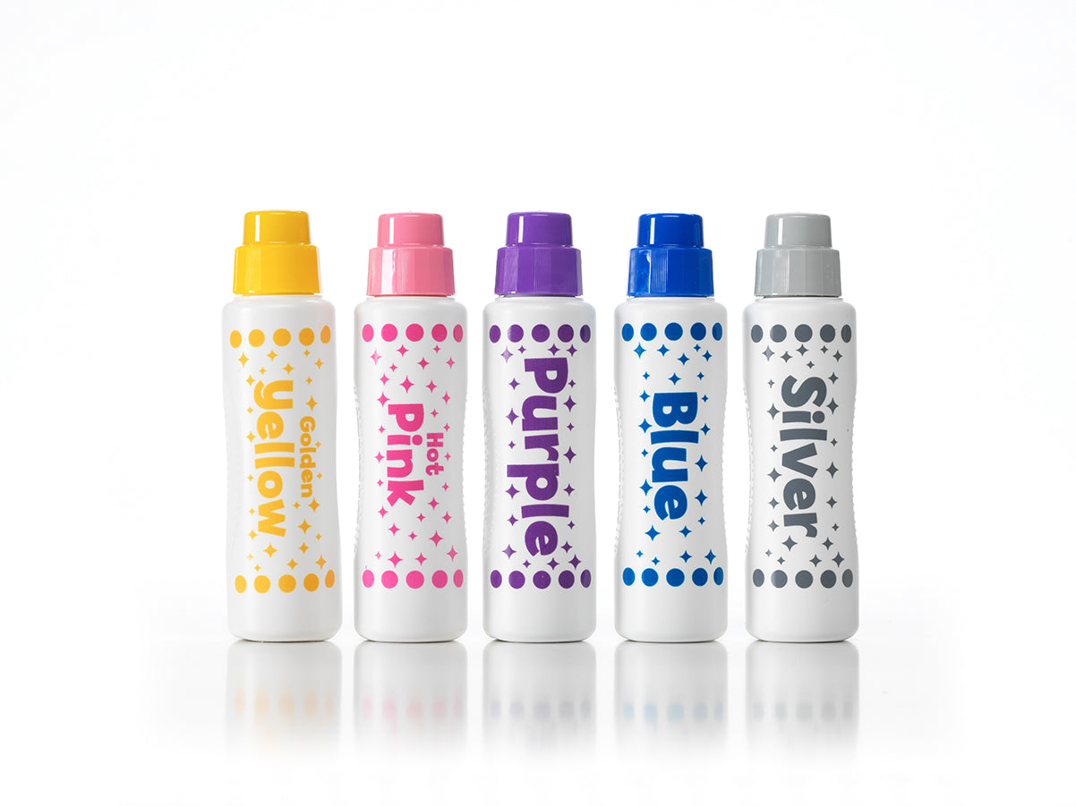 yellow, pink, purple, blue, and silver dot pens