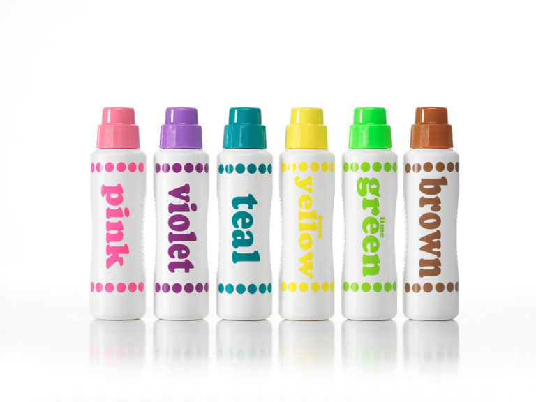 pink, violet, teal, yellow, green, brown markers