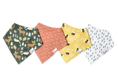 4 different styles of bandana bibs shown (left to right: woodland creatures, mountains, bees, trees)