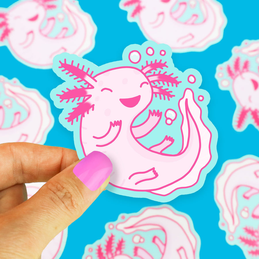 cute pink axolotl laughing vinyl sticker