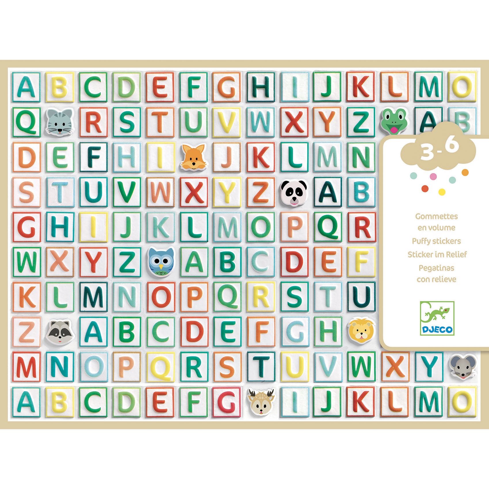 front of sticker pack showing letters and animal stickers included