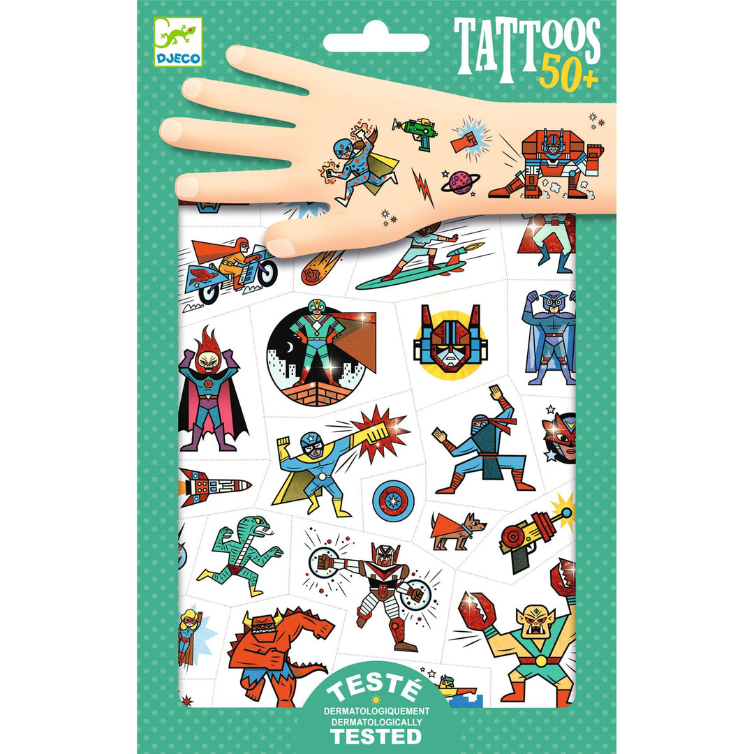 front of heroes vs villains tattoo pack showing contents