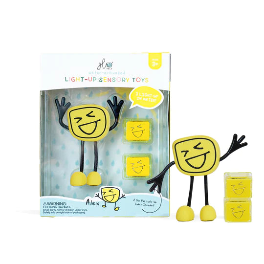 Alex yellow glopal shown in box and next to box with 2 glow cubes