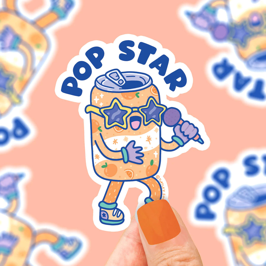 can of pop wearing star glasses and holding a microphone with the words 'pop star' above vinyl sticker