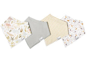 4 styles of bib included in set (left to right: dinosaurs, solid grey, striped, pebbles)