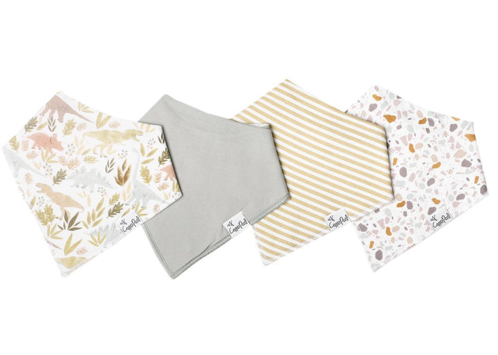 4 styles of bib included in set (left to right: dinosaurs, solid grey, striped, pebbles)