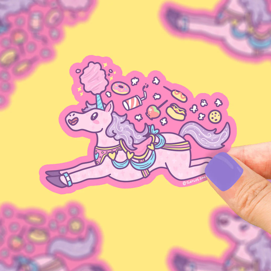 unicorn with cotton candy horn and carnival food vinyl sticker