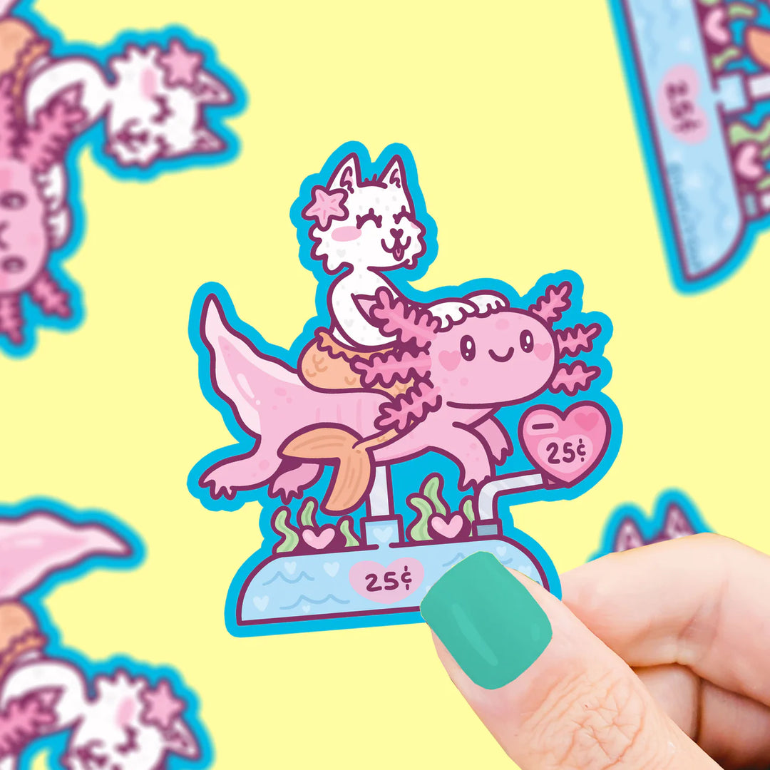 Purrmaid Kitty and Axolotl Coin Ride Vinyl Sticker | Turtle's Soup