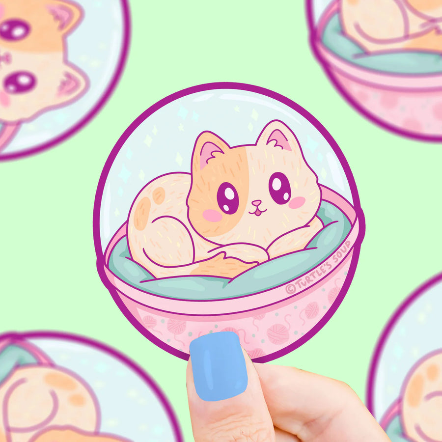 cute cat on pillow inside a toy prize capsule vinyl sticker