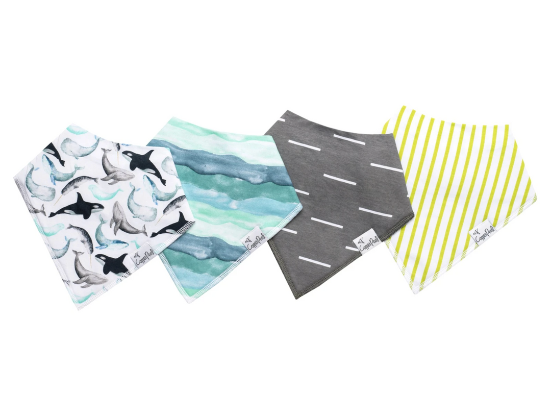 all 4 designs included in set (left to right: whales, waves, grey with white lines, yellow white lines)