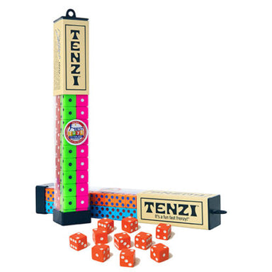 Tenzi Dice game with set of 10 di scattered on table