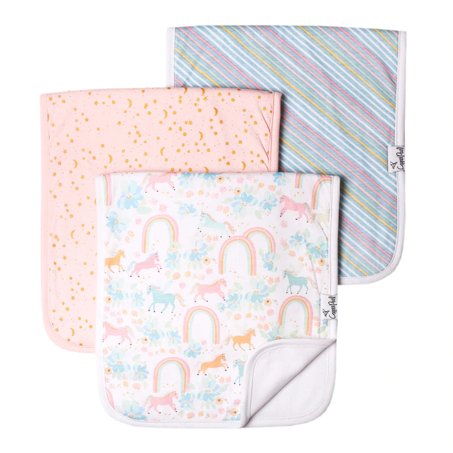3 designs included in burp cloth set