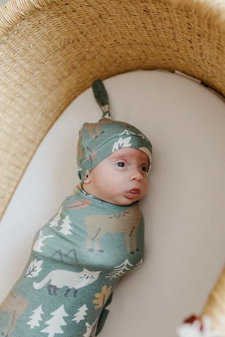 image of newborn baby in hat and wrapped in matching blanket