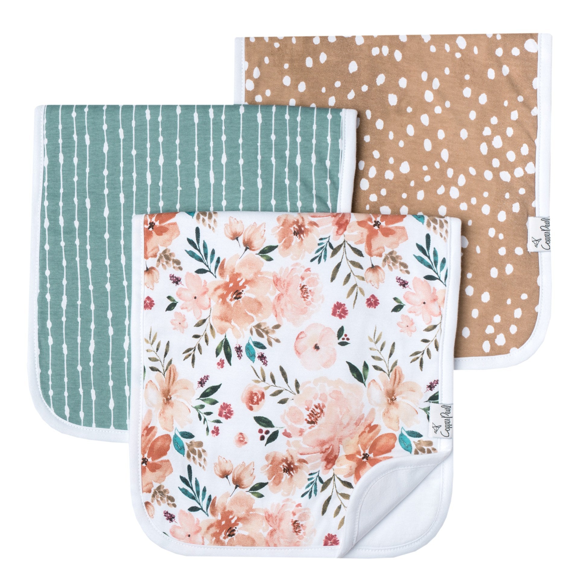 3 styles of burp cloths included in the set (blue white stripes, brown white dots, floral)