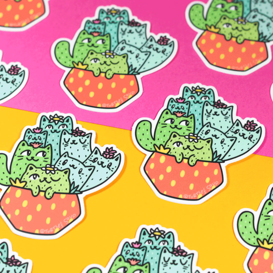 scattered cats made out of cactuses in pot vinyl stickers