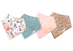 4 designs of bandana bib in set (left to right: floral, blue with white stripes, pink, brown with white dots)