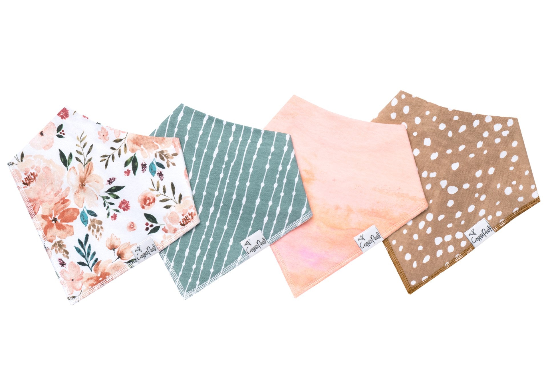 4 designs of bandana bib in set (left to right: floral, blue with white stripes, pink, brown with white dots)