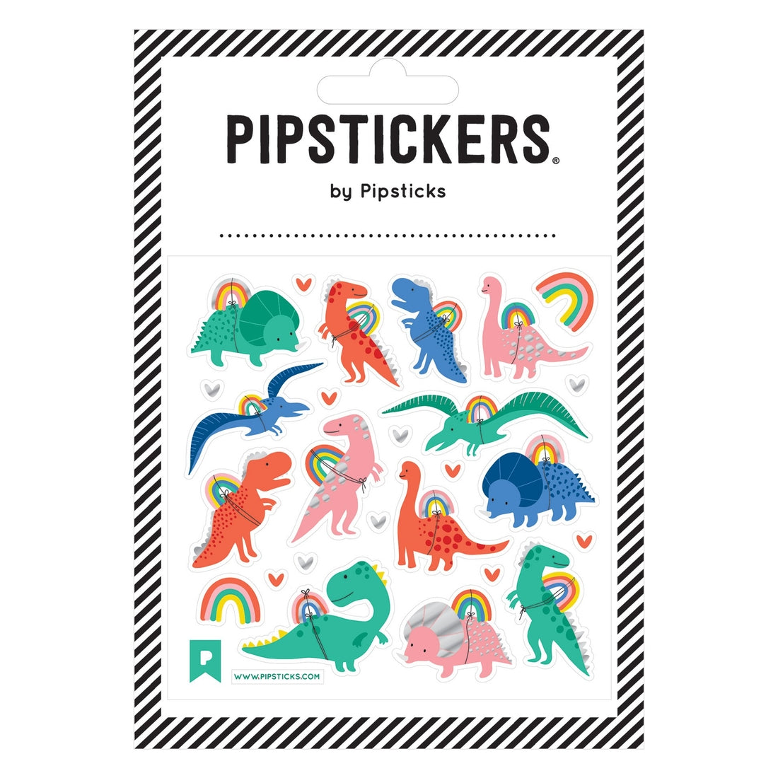 Stickers of colorful dinosaurs with rainbows tied to their backs