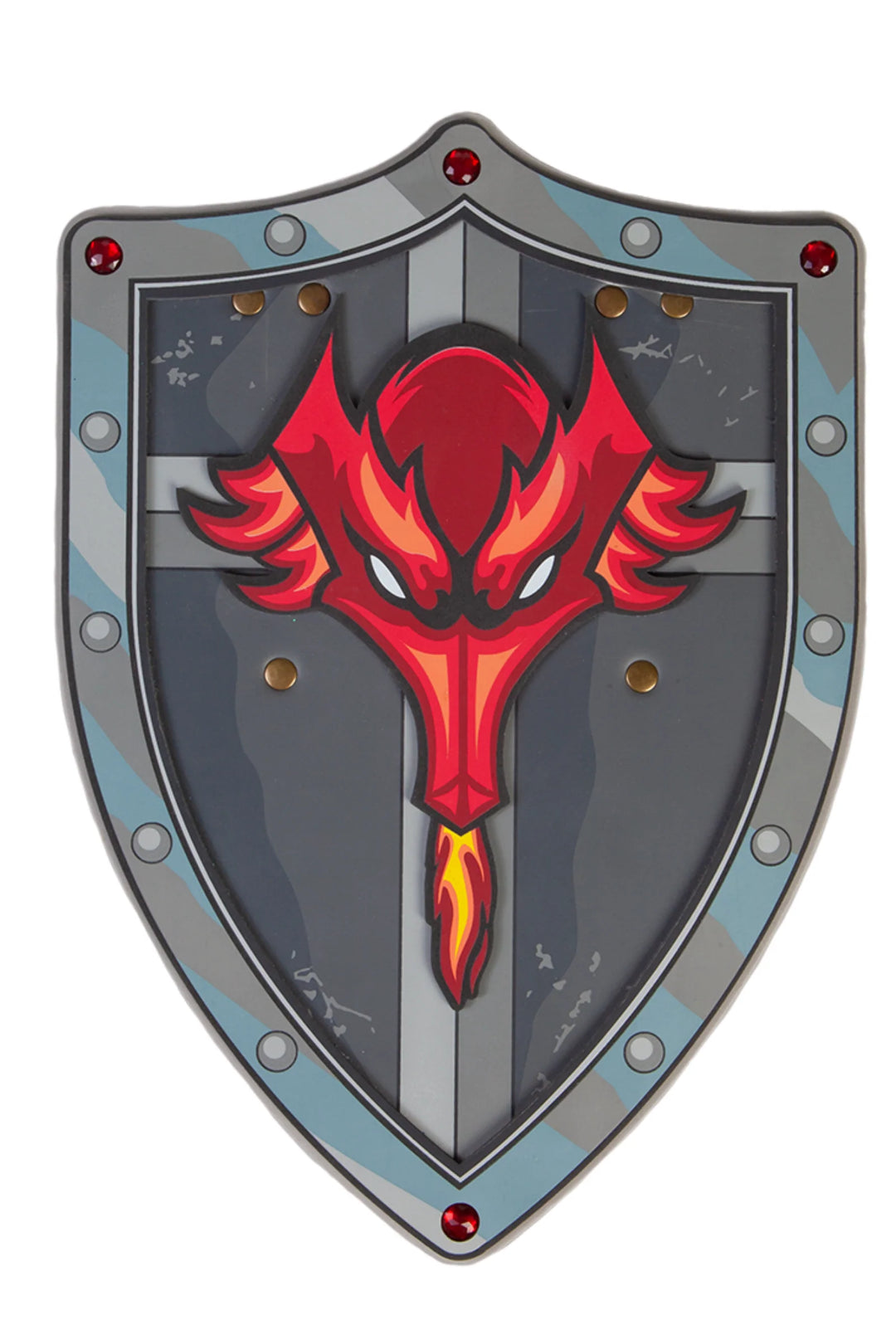 front view of shield- grey background with red fire breathing dragon
