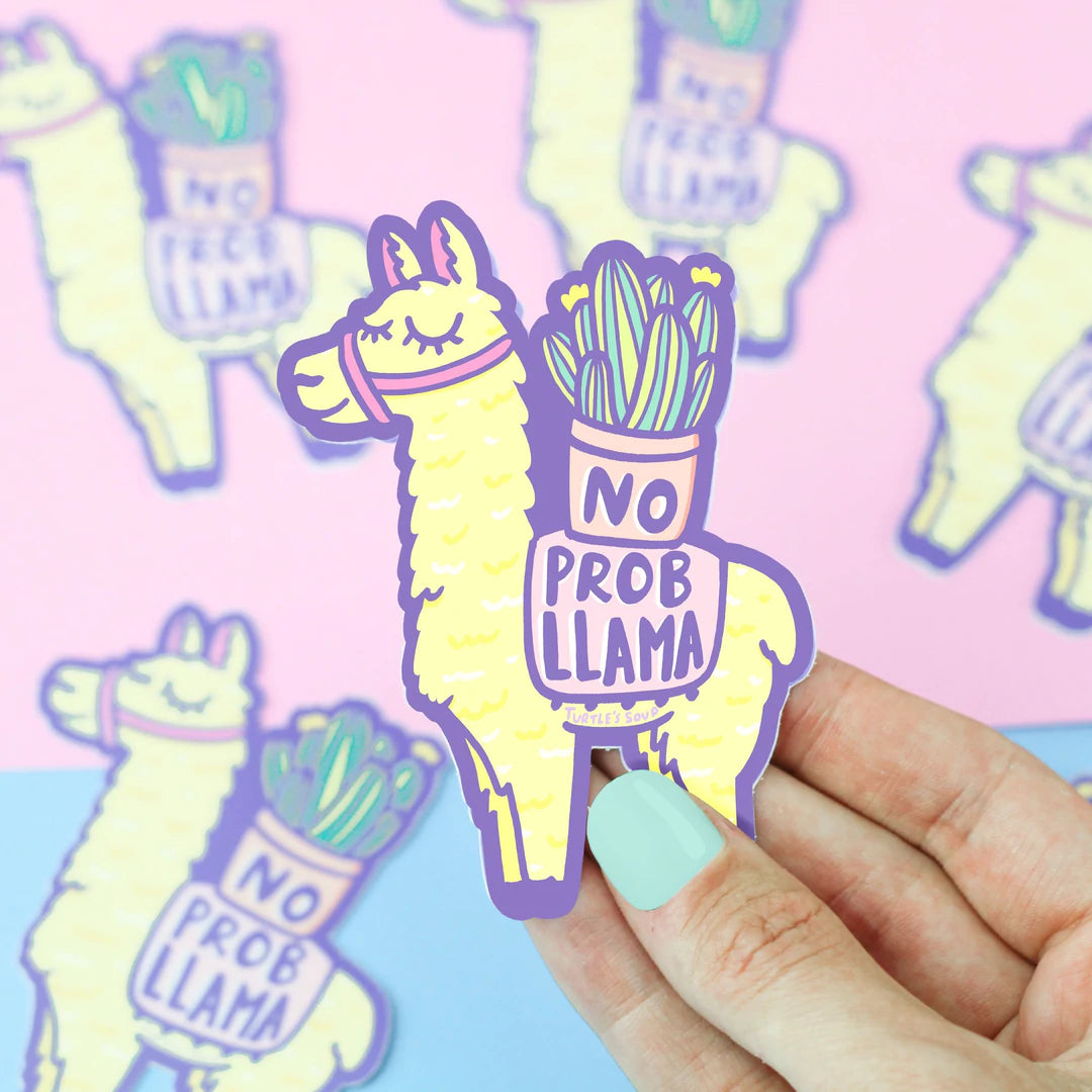 llama holding plant on back with the words no prob-llama vinyl sticker
