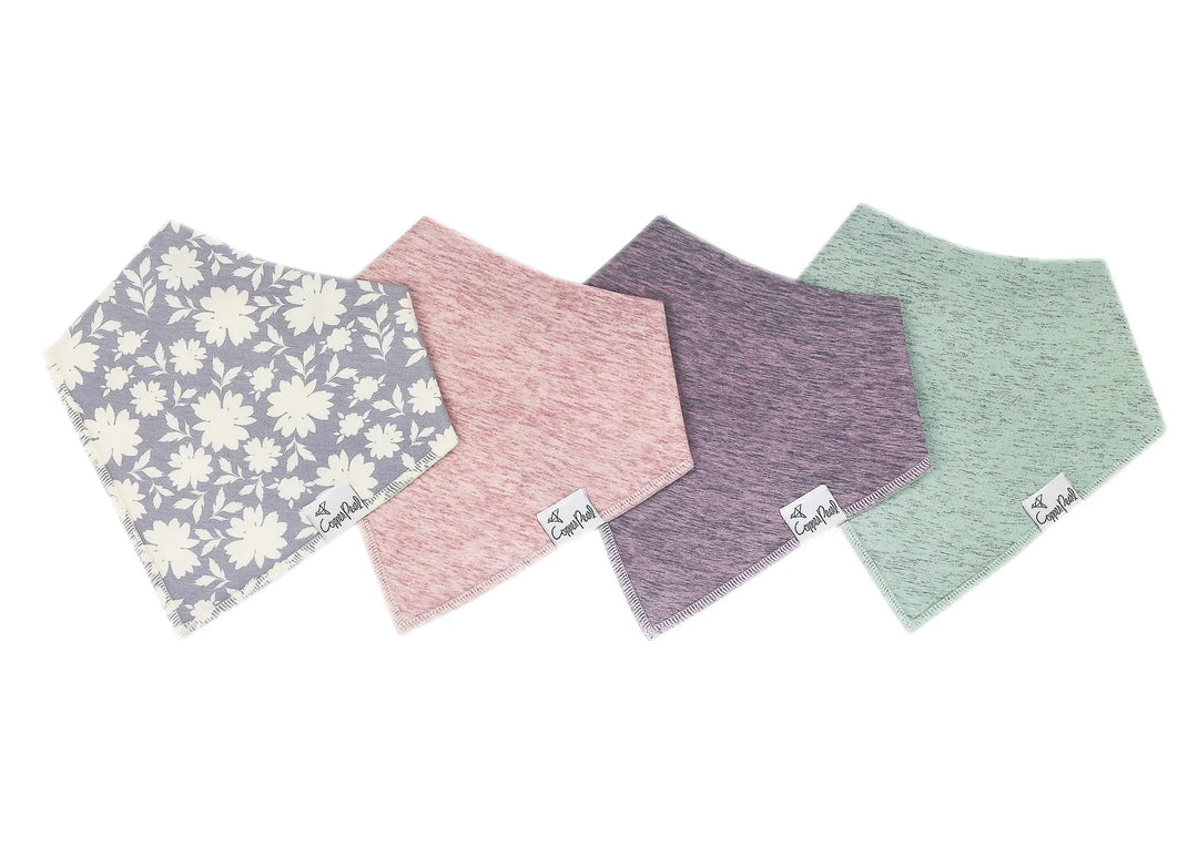 all 4 designs of bandana bib included in set (left to right: lilac flowers, pink, purple, green)