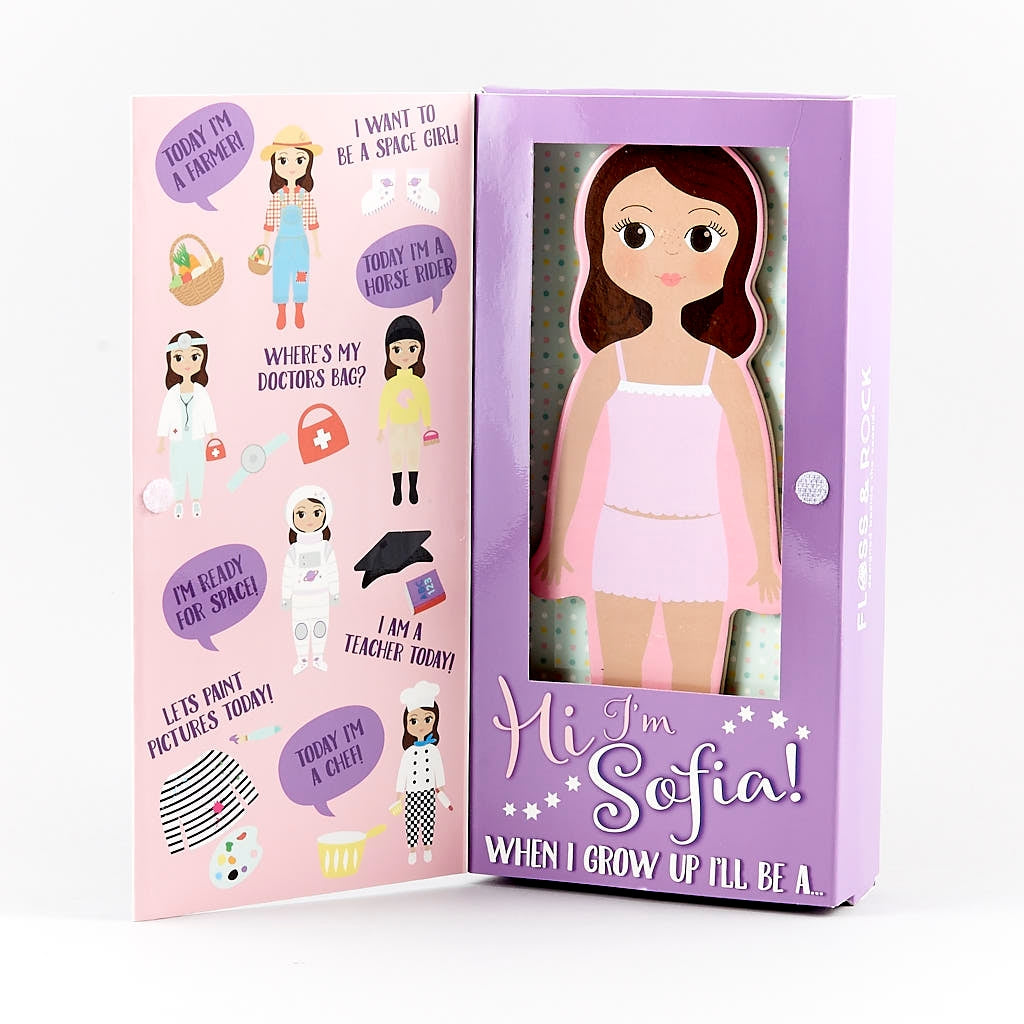sofia doll in box with display of different outfit options