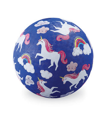 dark blue playball with unicorn rainbow design