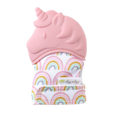 pastel pink unicorn style teething mitt with rainbow fabric